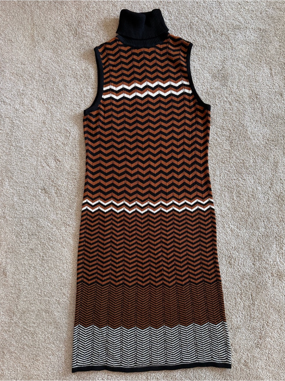 Bar III Womens L Sleeveless Turtleneck Chevron Knit Sweater Dress Brown Black
